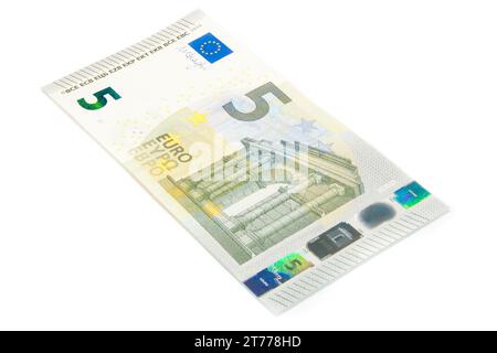 detail of new five euro banknote front side Stock Photo