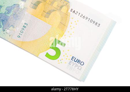 detail of new five euro banknote back side, euro-zone crisis Stock Photo