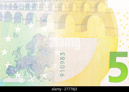 detail of new five euro banknote back side Stock Photo
