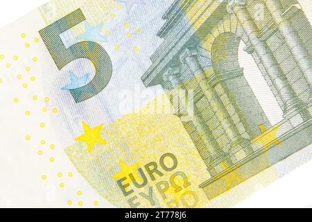 detail of new five euro banknote front side on white background Stock Photo