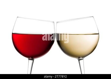 cheers, two glasses of red wine and white wine against white background Stock Photo