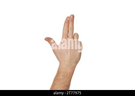 male hand making shooting gun gesture on white background. Stock Photo