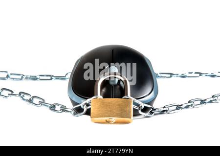 mouse secured by chain and lock on white background with space for text ...