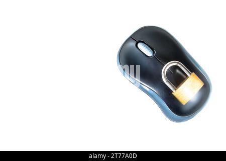 top of view of mouse with lock security on top on white background with space for text Stock Photo