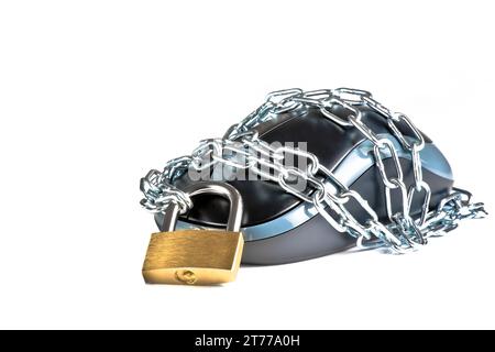 mouse secured by chain and lock on white background with space for text Stock Photo