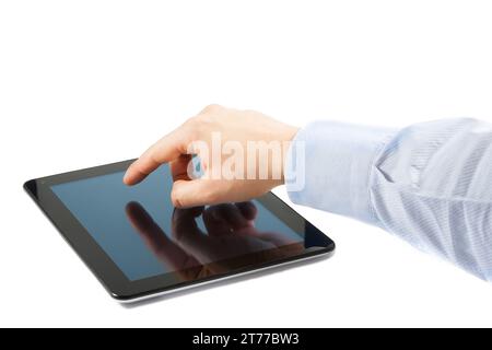 businessman hand touch tablet pc on table, with space for text Stock Photo