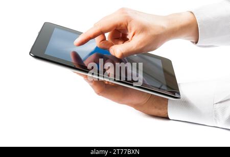 businessman holding digital tablet pc on white background Stock Photo