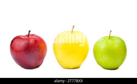three different colorful apples on white background with space for text Stock Photo