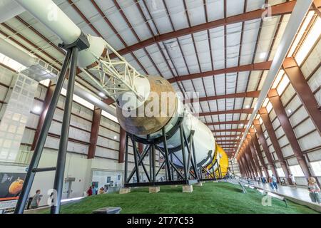 Houston, USA - October 22, 2023: inside hangar with SATURN V Rocket in Space Center - The Lyndon B. Johnson Space Center (JSC) in Houston, Texas. clos Stock Photo