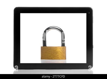 lock inside digital tablet pc on white background, internet security concept; lock inside digital tablet pc on white background, internet security concept Stock Photo