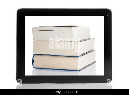 books and tablet pc isolated on white background, digital library concept; books and tablet pc isolated on white background, digital library concept Stock Photo