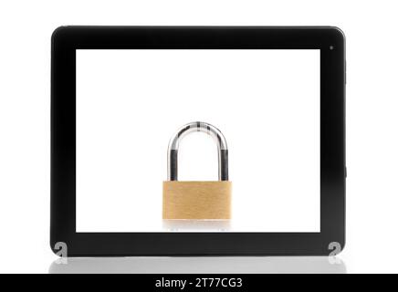 lock inside digital tablet pc on white background, internet security concept; lock inside digital tablet pc on white background, internet security concept Stock Photo