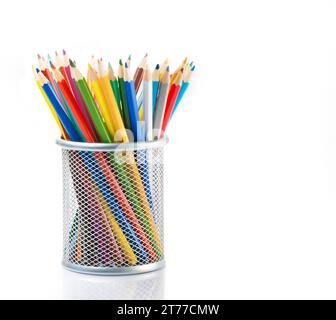 colorful pencils in container isolated on white background with space for text Stock Photo