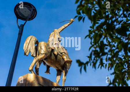 Low-angle view of Emir Abdelkader's statue against a blue sky in Algiers City. Stock Photo