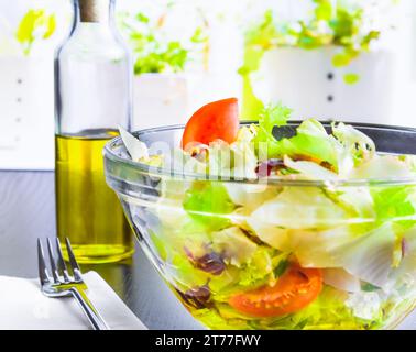 italian fresh salad and tomato on wood table background nutrition concept Stock Photo