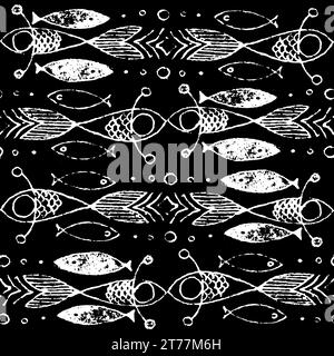 Fish, abstract geometric style. Abstract grunge background. Vector hand drawn sketch illustration. Sloppy doodle grunge style. Seamless pattern Stock Vector