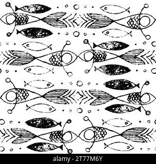 Fish, abstract geometric style. Abstract grunge background. Vector hand drawn sketch illustration. Sloppy doodle grunge style. Seamless pattern Stock Vector