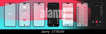 Tik Tok design. Tik Tok screen social media, social network interface template. Homepage, loading, recommendations, subscription, profile. Stream, sto Stock Vector