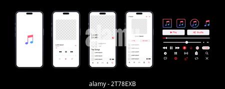 Apple music mockup. Music app. Application template on Iphone mockup. Subscription music player. Profile, Song, Album, Playlist. Pause, note, search, Stock Vector