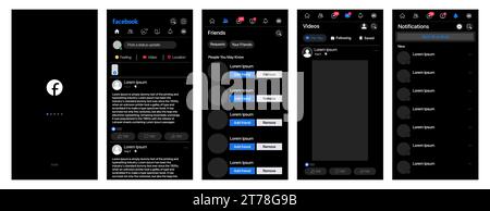 Facebook design. Set Facebook screen social media network interface template dark theme. Homepage, recommendations, subscriptions. Facebook photo fram Stock Vector