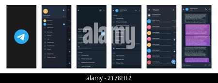Telegram mockup. Telegram logo. Set telegram screen social media and social network interface template. Dark theme. Telegram button. Vector illustrati Stock Vector