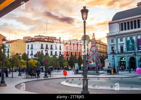 Plaza de Isabel II, Opera, in silhouette during early evening with a blue sky with sunset clouds Madrid Spain. Stock Photo