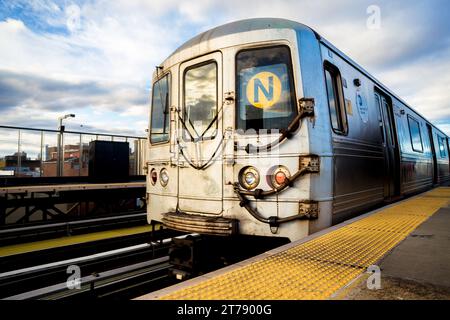 New York Subway Train Leaving the Station Stock Photo