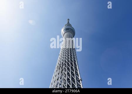 Tokyo, Japan - April 19, 2023: spire of Tokyo Skytree, a broadcasting and observation tower in Sumida. With 634 meters it was in March 2011 the talles Stock Photo