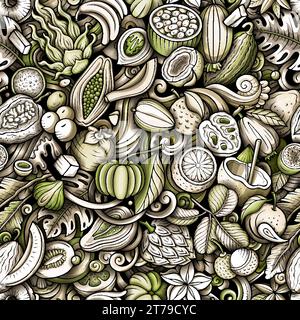 Cartoon vector doodles on the subject of Exotic Fruits seamless pattern features a variety of tropical fruity objects and symbols. Whimsical playful m Stock Vector