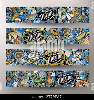 Cartoon cute colorful vector doodles Marine corporate identity. 4 horizontal banners design. Templates set Stock Vector