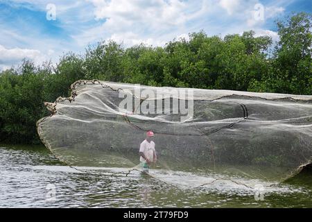 Local fisherman tossing his traditional net in Magdalena River, La Dorada, Caldas, in Colombia, South America. Stock Photo