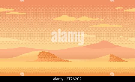 Pixel art nature sand desert landscape. Retro cartoon 8bit video game arcade level with sand mountains. Vector seamless background Stock Vector