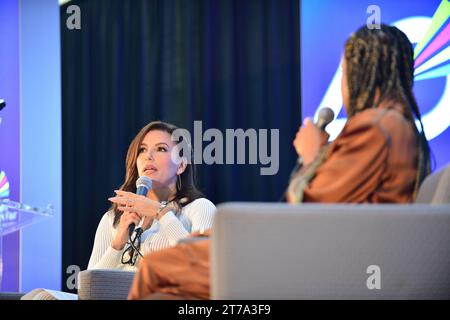 MIAMI, FLORIDA - NOVEMBER 12: Eva Longoria and Kerry Washington are seen during An Afternoon With Kerry Washington in Conversation with Eva Longoria during the Miami Book Fair at Miami Dade College Wolfson Campus on November 12, 2023 in Miami, Florida. (Photo by JL/Sipa USA) Credit: Sipa USA/Alamy Live News Stock Photo