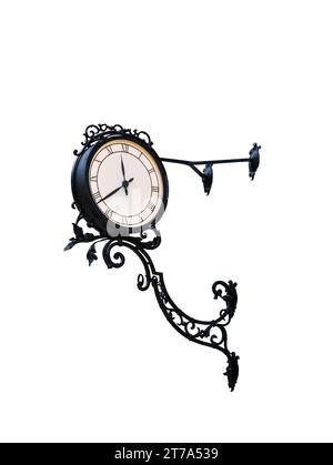 Retro street clock in iron frame isolated on white background Stock Photo