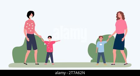Family walk weekend mask on a white background. Cartoon mom and son are masked. Vacation, weekend. Vector flat illustration. A happy family Stock Vector