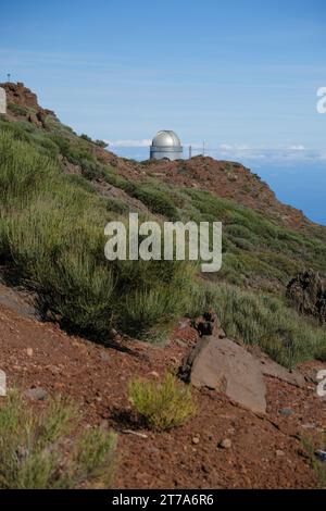 International space observatory and telescopes on La Palma island located on highest mountain range Roque de los muchachos, sunny day, Canary islands, Stock Photo