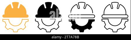 Set of helmet on the gear icons. Helmet and gear flat or line icons. Vector illustration isolated on white background Stock Vector
