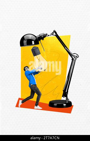 Vertical collage picture of impressed mini black white colors guy arms hold huge table lamp light bulb isolated on paper background Stock Photo