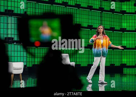 Lisbon, Portugal. 13th Nov, 2023. Filomena Cautela, Presenter at RTP, addresses the audience during the opening night of the Web Summit 2023 in Lisbon. (Photo by Bruno de Carvalho/SOPA Images/Sipa USA) Credit: Sipa USA/Alamy Live News Stock Photo