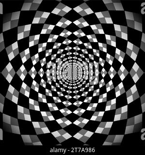 Hypnotic background, optical spiral illusion. Optical Checkered Circle Classic circular Op Art design in black and white color. Vector illustration Stock Vector