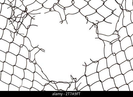 The texture of the metal mesh. Torn, destroyed, broken metal mesh on a white background Stock Photo