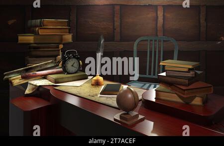 Stack of vintage old books, papers, alarm clock and feather pen with inkwell on a table. Learning and reading concept. Old books background. Stock Photo