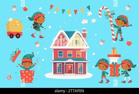 Set of cute playful Christmas elves. Collection of cute Santa Claus helpers Stock Vector