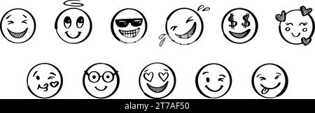 Doodle positive emoji set. Hand drawn sketch vector illustration. Pack of different expressions emoticons. Stock Vector
