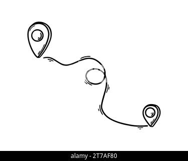 Map pin location in doodle sketch style. Handdrawn route. GPS points way. Trip planning concept Stock Vector