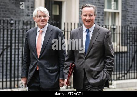 UK 14th Nov 2023. Lord Cameron, David Cameron, former PM and new Foreign Secretary (right) and Andrew Mitchell, MP, Minister of State, Minister for Development in the Foreign, Commonwealth and Development Office. Ministers in the newly re-shuffled cabinet attend the weekly government cabinet meeting at 10 Downing Street in Westminster, London, England. Stock Photo