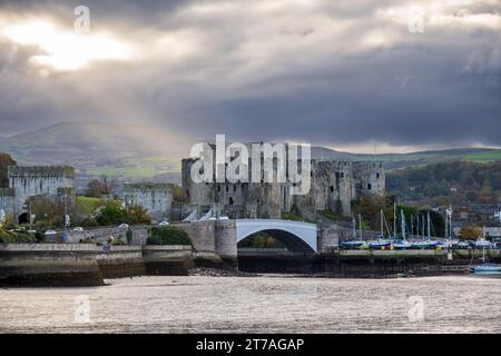 Conwy Castle is a fortification in Conwy, located in North Wales. It was built by Edward I, during his conquest of Wales, between 1283 and 1287. Stock Photo