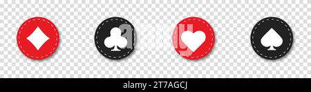 Collection gambling signs symbol of playing card suits and chips for poker and casino. Vector suit deck of playing cards on an isolated transparent ba Stock Vector