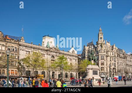 Porto, Portugal - April 8, 2019: city skyline with many tourist at Liberty Square Stock Photo