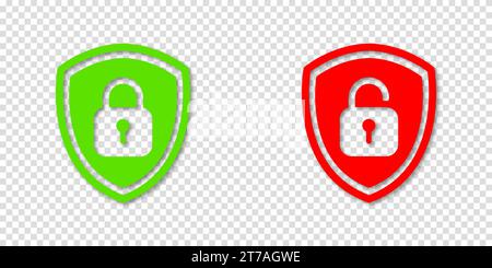 Green lock and red unlock padlock with shiled icons. Vector clipart illustration on a transparent background. For web site or mobile app about securit Stock Vector